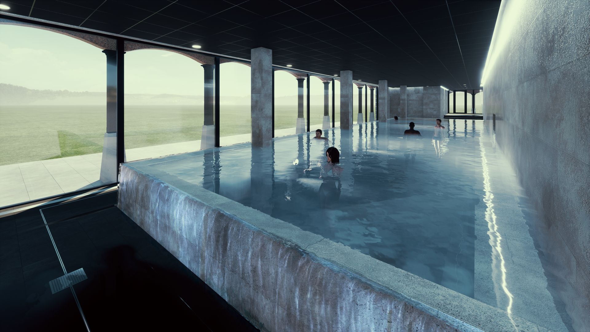 Piscine intérieure avec vue sur l'extérieur brumeux - Hôtel Spa Alsace