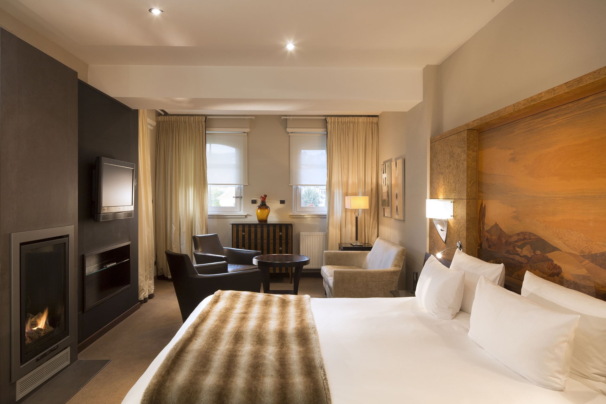 Chambre d'hôtel moderne avec cheminée et télévision.