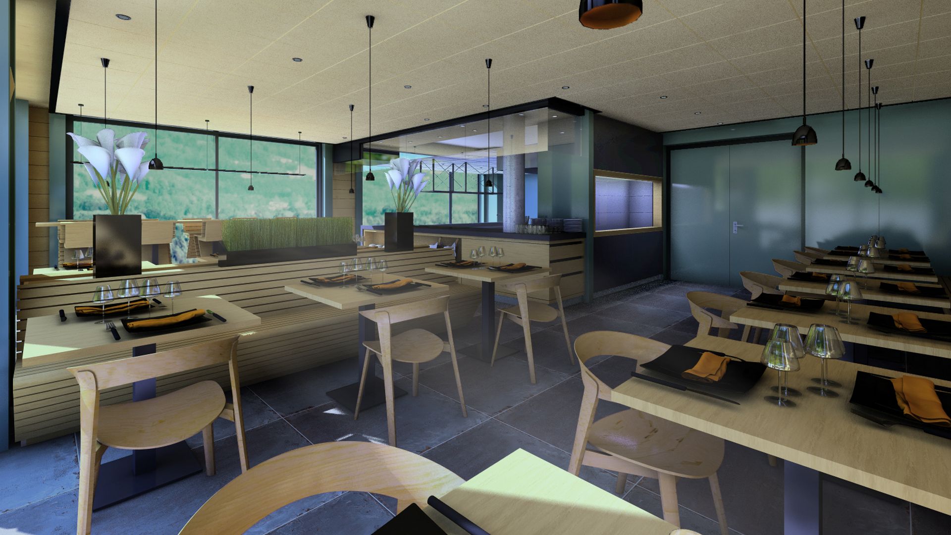 Salle de restaurant moderne avec tables dressées - Restaurant Gastronomique Alsace Brunch - Yona Hôtel