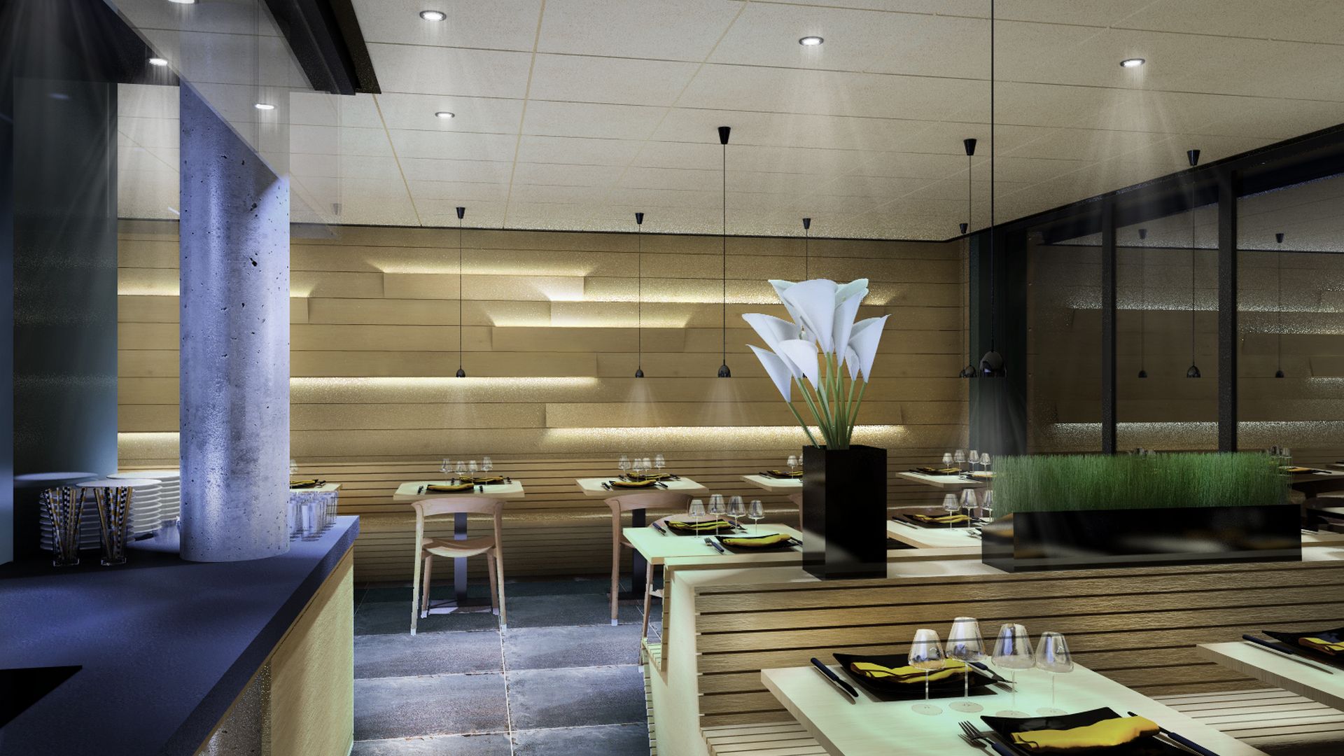 Intérieur moderne de restaurant éclairé, tables et chaises.