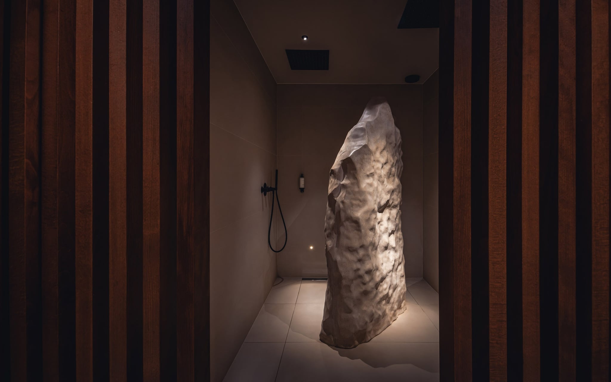 Douche design avec mur en pierre sculptée.