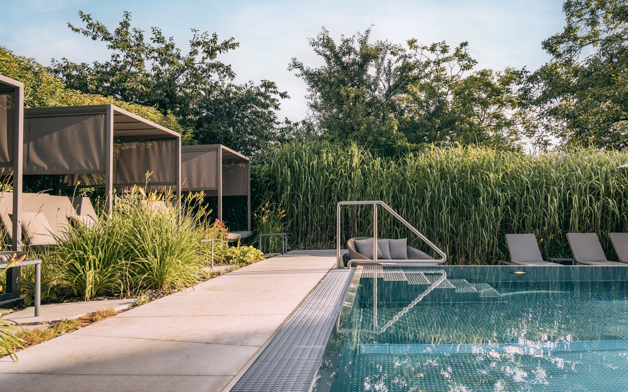 Piscine entourée de chaises longues et verdure.